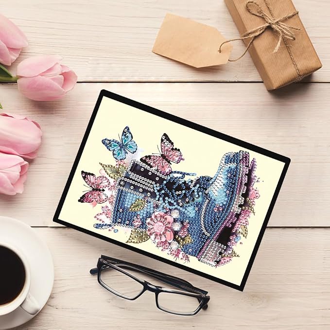 FRANDEK A5 50-Page DIY Butterfly Boots Diamond Art Painting Notebook with Beautiful Patterns, Special Shaped Diamond Art Craft for Beginners Adults Gift