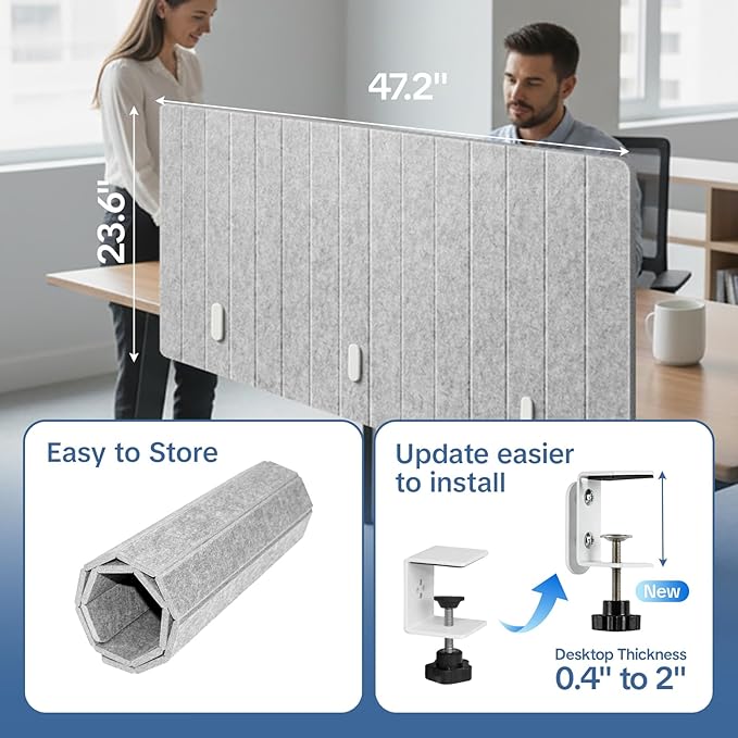 48" Desktop Privacy Screen - Sound Absorbing Felt Panel, Clamp-On Foldable Office Divider for Desk, Silver Gray