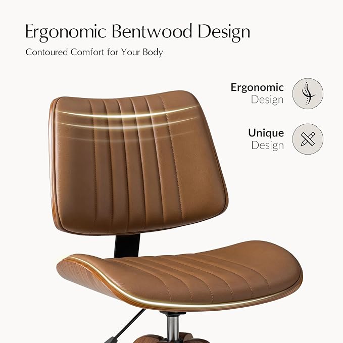 HULALA HOME Faux Leather Home Office Desk Chair No Wheels, Camel | Mid-Century Modern Desk Chair with Wood Legs, 360° Swivel Computer Task Chair with Channel-Tufted Backrest, Height Adjustable