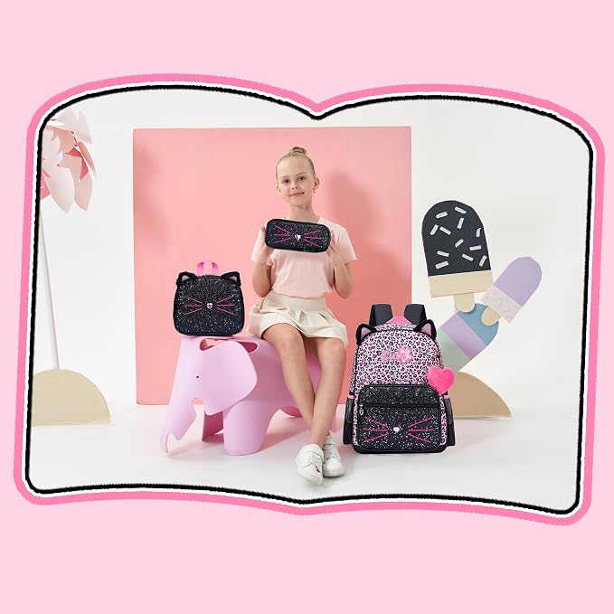 Meetbelify Black Cute Cat School Backpack for Girls Backpack with Lunch Box for Elementary Students Kids Travel Bookbag for Girls Ages 6-8