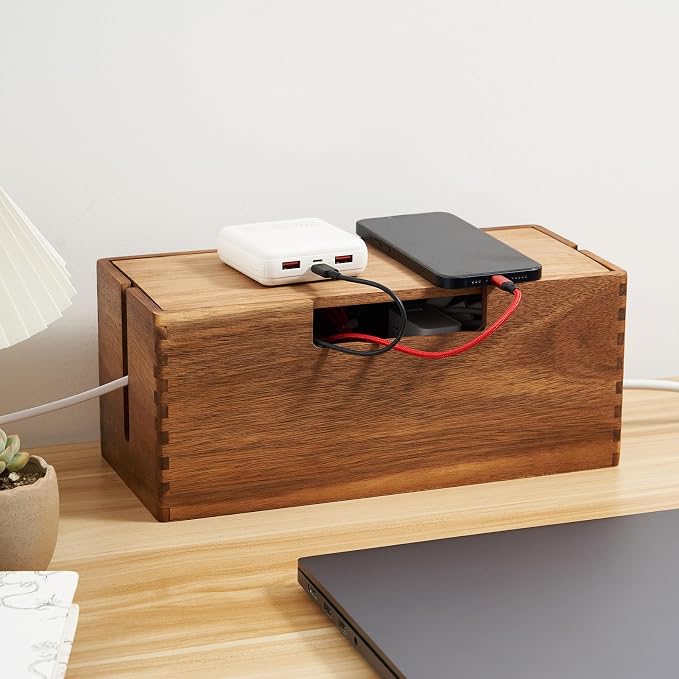 Acacia Wood Cable Management Box, Wooden Cord Hider & Organizer for Power Strip, Electrical Hiding, TV Wires, Desk & Floor Cables - Office Under Desk Cable Storage Box for Wire