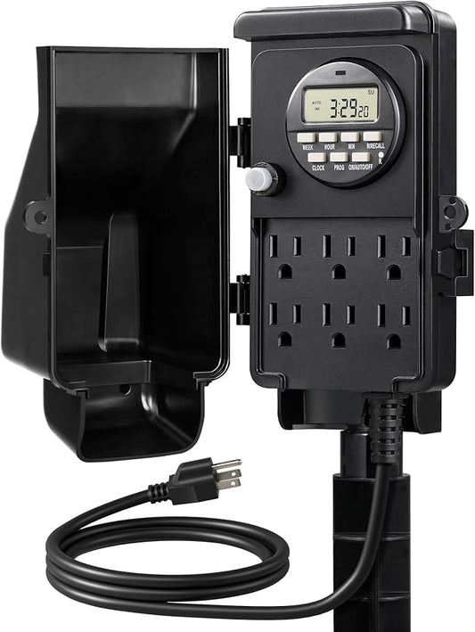 DEWENWILS Outdoor Digital Power Strip Timer, Multi Sockets, Waterproof 6 Outlets Garden Power Stake, 6ft Cord, Digital Timer for Lights, Yard, Garden, 15A Heavy Duty