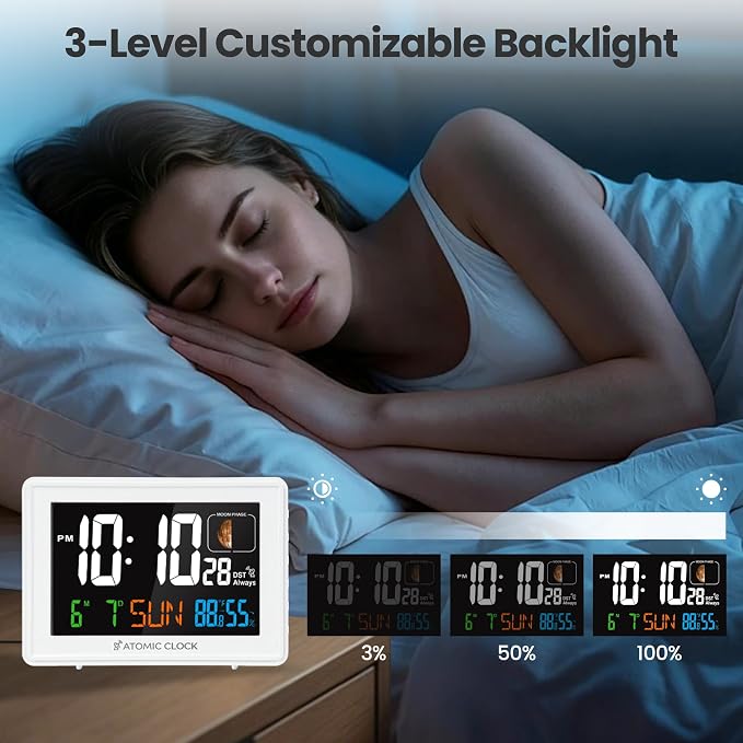 Digital Atomic Alarm Clocks for Bedrooms Battery Backup | Color Display, Self-Setting Clock, Auto DST, Indoor Temperature Humidity, Moon Phase, Calendar, Time, Day of Week, White