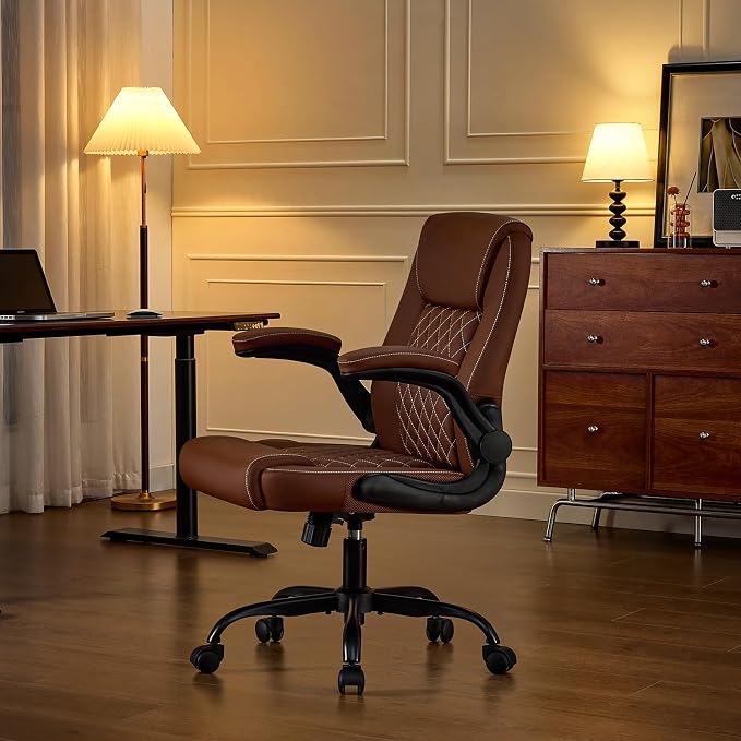 Leather Office Chair, 300lbs Heavy Duty Mid-Back Desk Chairs with Flip-up Armrests, Space-Saving Swivel Task Chair with Wheels, Adjustable Height and Ergonomic Back Support, Brown
