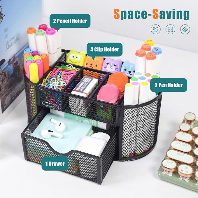SAYEEC Mesh Desk Organizer Black Pen Holder for Desk Wire Desktop Organizer with 8 Compartments & Drawer Multi-Functional Metal Pencil Cup Caddy Holder Office Supply Storage Organizers for School Home
