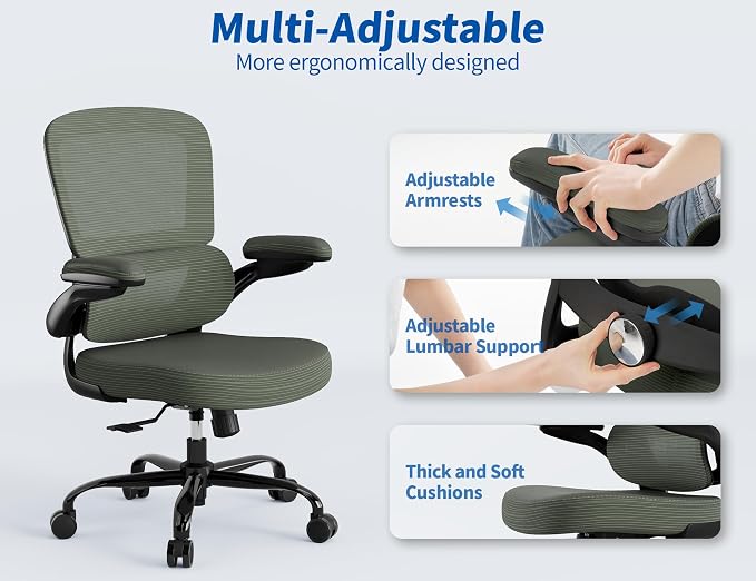 TRALT Ergonomic Office Chair - Desk Chair with Adjustable Lumbar Support Computer Chair - Mesh Comfy Chair with Flip-up Armrests - Gaming Chairs for Adults Home Office (PU Leather, Dark Green)