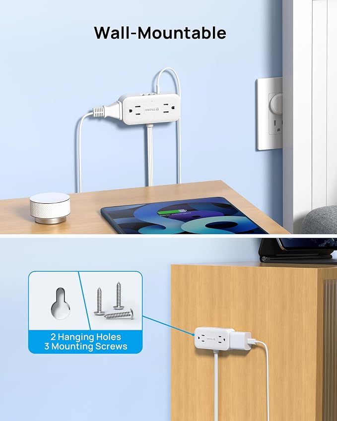 TROND Flat Plug Power Strip 5FT, Small Flat Extension Cord with Multiple Outlets, 4 AC and 4 USB Ports (2 USB C), Wall Mount 900J Surge Protector for Home Office Travel Dorm Room Essentials, White