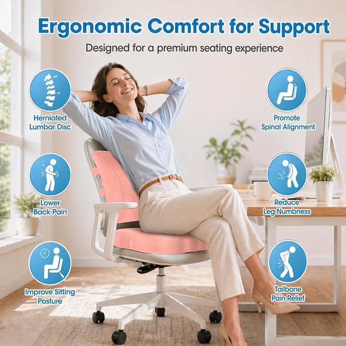 CloudBliss Lumbar Support Pillow & Seat Cushion Set for Office Chair, Desk Chair, Wheelchair & Car – Memory Foam Back Support, Ergonomic Chair Cushions, Sciatica Pain Relief, Home Essentials, Pink