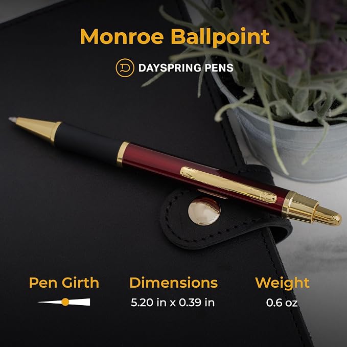Dayspring Pens Monroe Red Ballpoint Pen, Click Action, All Metal with 18k Gold Accents, Medium Point Black Ink, Gift for Graduation, Career Advancement, Nurses, Gift Box Included