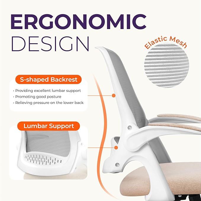 NEO CHAIR Office Desk Gaming Ergonomic Computer Chair with Lumbar Back Support Adjustable Height Swivel Rolling Wheels Flip-up Arms Mesh Chair for Home Vanity (Beige)