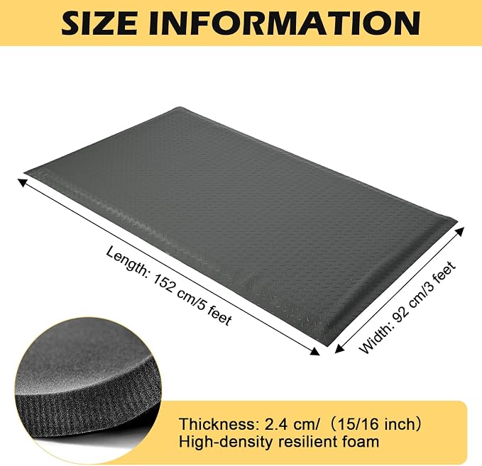 3 x 5 FT Anti Fatigue Mats 15/16 Inch Thick Sponge Ergonomic Mat | Diamond Grid Stable Standing Mat Construction Site Mechanic Booth Cashier Reception Gray Foam Core Comfort Extended Floor Mat