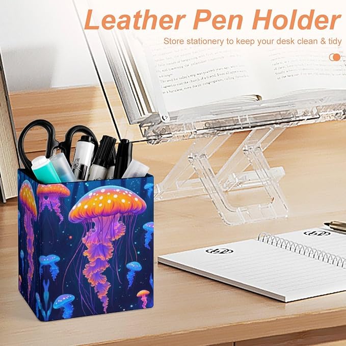 Jellyfish Print Leather Square Pen Holder Modern Desk Decor Home Organizer For Make Up Brushes Supplies Office Stationery Storage