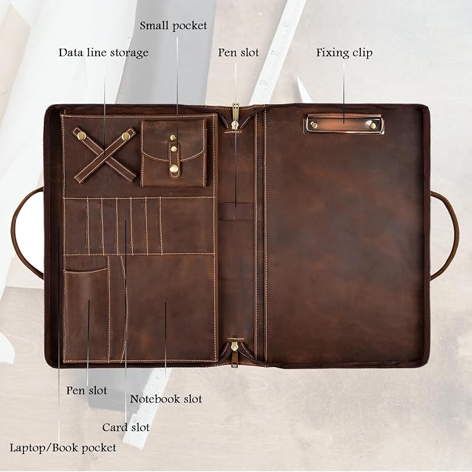 Genuine Leather Portfolio, Padfolio Organizer with Handle, Personalized Padfolios，Padfolios with Zipper for Men Women，Suitable for 15-inch Laptop Legal Pad Padfolio, Dark Khaki
