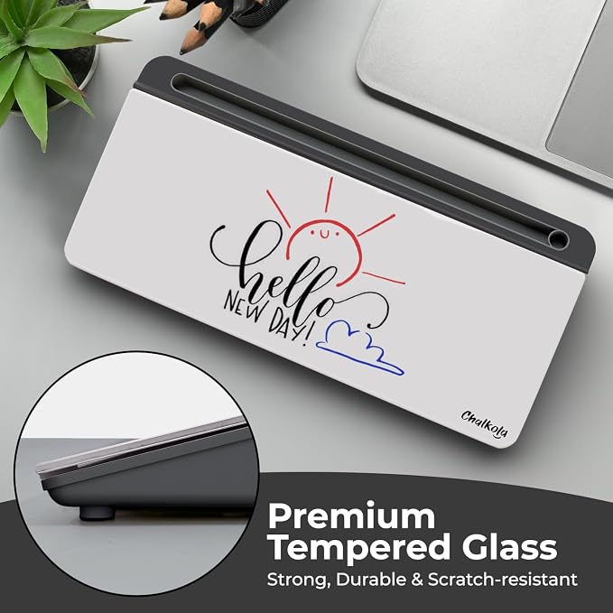 Chalkola Grey Glass Desktop Whiteboard with Storage - Dry Erase Board, Work Desk Organizers, Computer Keyboard Stand, Home Office Desk Accessories, Workspace Desktop Buddy