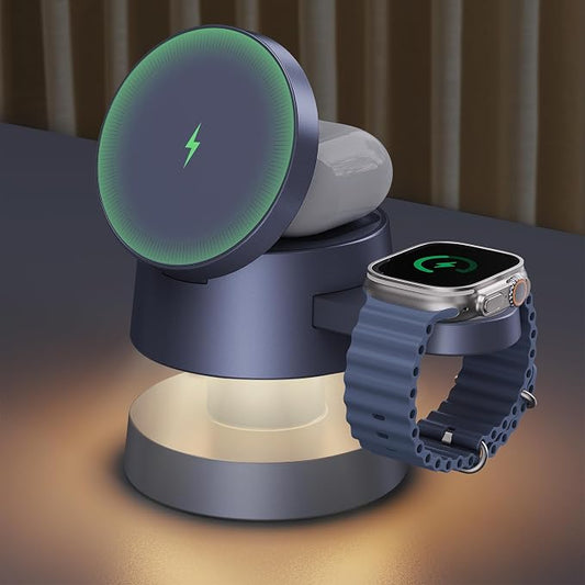 iVANKY 3 in 1 Mag-Safe Charger Stand, 15W Fast Magnetic Wireless Charging Station with Night Light for iPhone 17e 17 16 15 14 13 Pro Max, Apple Watch, AirPods 4/3/2/Pro(No AC Adapter)
