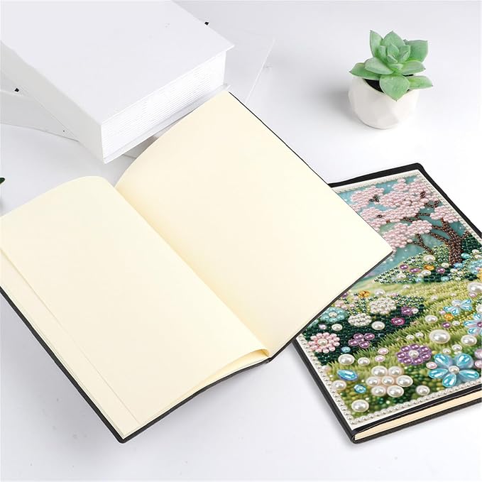 FRANDEK Pearl Painting Notebook Kit, Spring Forest A5 DIY Journal with 50 Blank Pages, Diamond Gem Art Cover with Waterproof Canvas, Beginner Craft Set with Full Tools for Adults