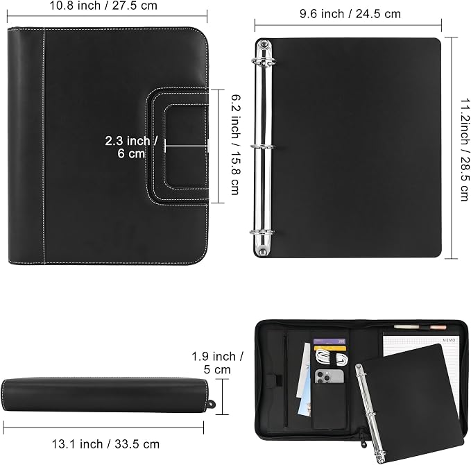 GraduatePro 3 Ring Portfolio Binder with Handles - 1.2 Inch Rings, Faux Leather Padfolio with Zippered, Storage Pouch for Tablet, Mobile Phone Pocket, Travel Documents for Men and Women(Black)
