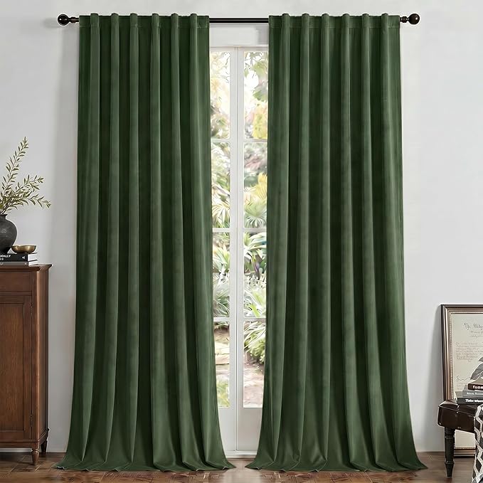 Joydeco Olive Green 100% Blackout Curtains 96 Inch 2 Panels, Luxury Thermal Green Velvet Curtains for Bedroom Living Room, Soundproof Blackout Window Drapes, Rod Pocket & Back Tab (52W x 96L)