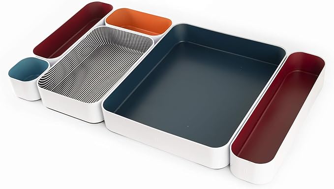 Three by Three Seattle Metal Drawer Organizer Tray Set, 6-Pc (Berry Mix) | Deep 2" food-safe colorful metal bins; soft non-scratch base; kitchen, vanity, bathroom & office drawer storage