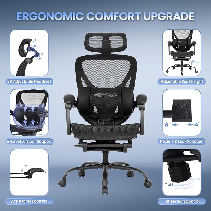 MALOL Ergonomic Mesh Office Chair with Footrest, Executive High Back Computer Desk Chair with 3D Adjustable Headrest & 5-Level Lumbar Support, Track Armrest, Tilt Lock, 300LBS, Black