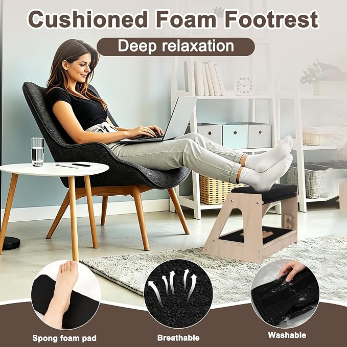 Natheeph Wooden Foot Rest Under Desk at Work – 3-Height Adjustable Ergonomic Foot Stool with Massage Roller on Lower Deck & Foam Upper Pad for Office, Home, Gaming, Non-Slip Base