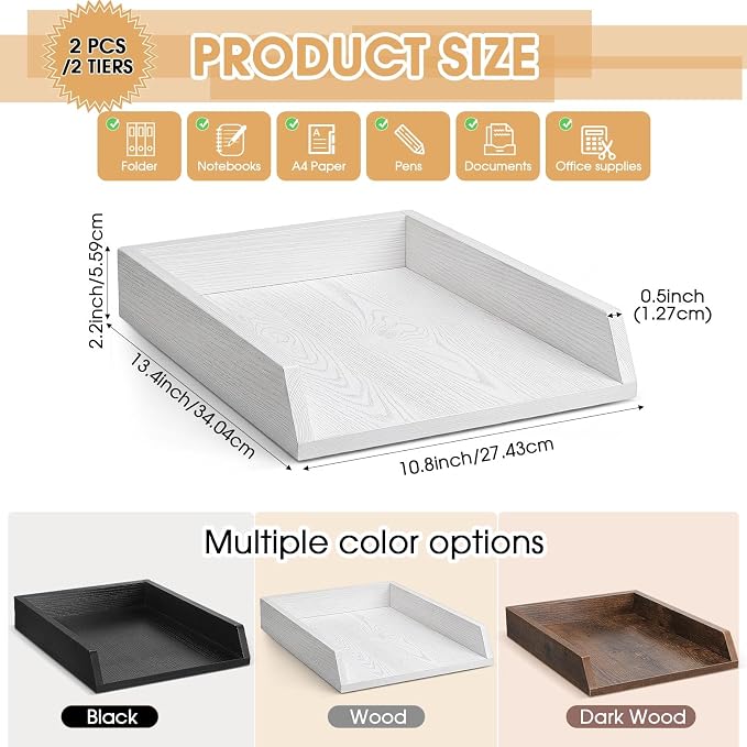 DoubleFill 2 Pcs Wooden Letter Trays 2 Tier Desktop Paper Organizer Wood Letter-Size Desk Document Tray Heavy Duty Stackable Paper Drawer Holder File Folder Back to School Office Home (White)