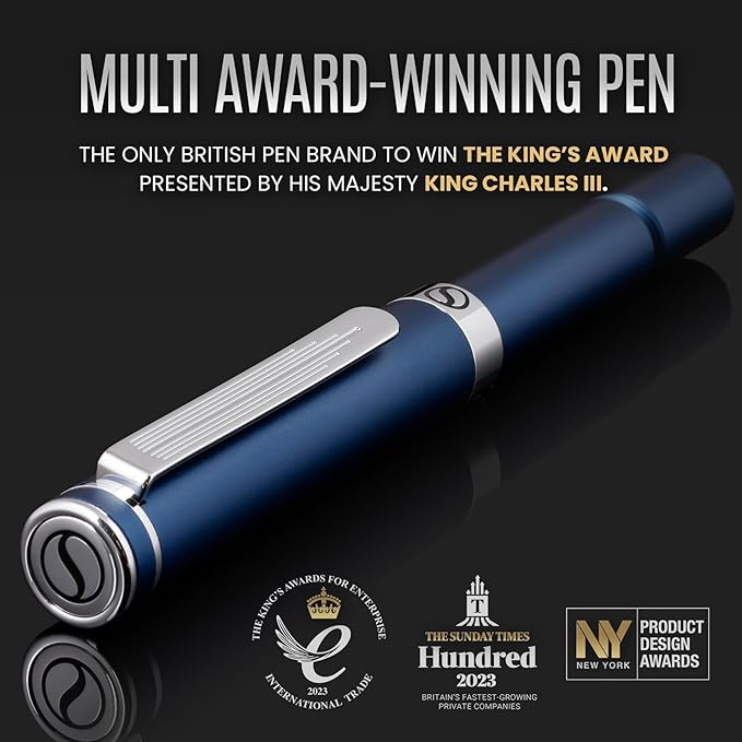 Scriveiner Blue Rollerball EDC Luxury Pen, Chrome Finish, 4 Black Refills (Medium)