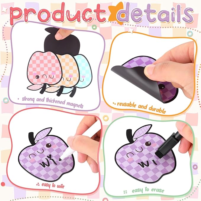 48 Pcs Pastel Fruit Dry Erase Magnetic Labels Colorful Checkerboard Fruit Student Name Tags Magnetic Locker Name Plates Stickers for Back to School Classroom Desks School Whiteboards