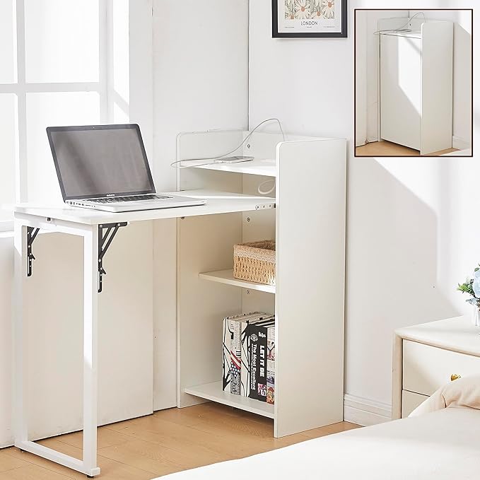 Fold Out Desk with Storage and Built-in Outlet, Mid Century Foldable Desk for Small Spaces, Hidden Folding Table for Home Office or Bedroom (White)