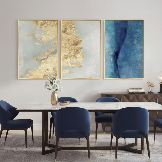 Large Framed Abstract Wall Art for Living Room, Luxury Modern 3 Piece Blue and Gold Prints Paintings Artwork for Walls, Contemporary Elegant Pictures Wall Decor for Dining Room Bedroom Office 24x36 In
