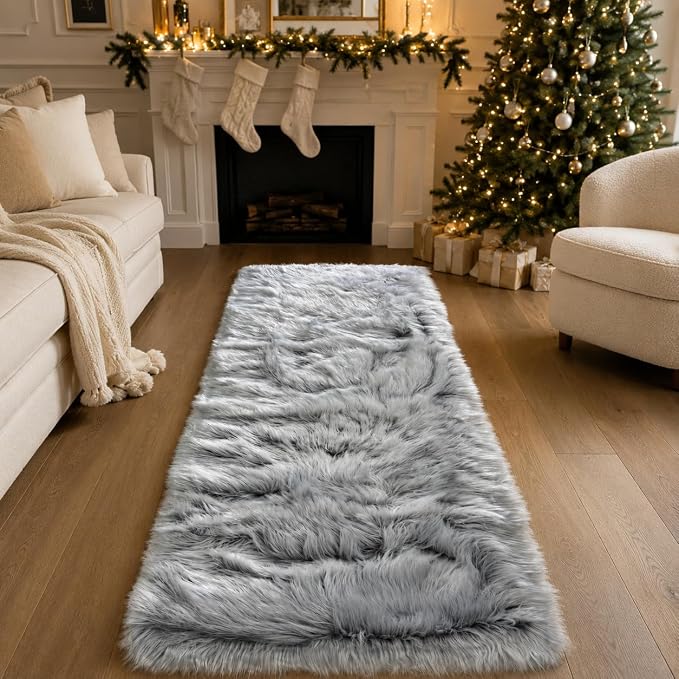 EasyJoy Faux Sheepskin Rug, Fluffy Faux Fur Rug, Ultra Soft Shag Area Rug with Non-Slip Backing for Bedroom, Living Room, Nursery, Kids Room(2x6 ft Rectangle, Frosted Bottom Gray)