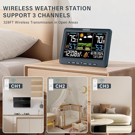 BluSon Weather Station Wireless Indoor Outdoor Thermometer, Atomic Clock | Color Display Digital Temperature Humidity Monitor with Weather Forecast, Adjustable Backlight, Barometer for Home, Blue