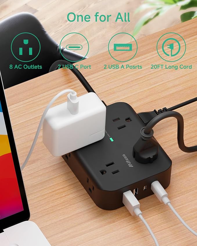 Power Strip Surge Protector 20FT - Flat Plug, Wall Mount, 8 Wide Outlets with 4 USB Ports (2 USB C), Extension Cord, Office Desk Accessories