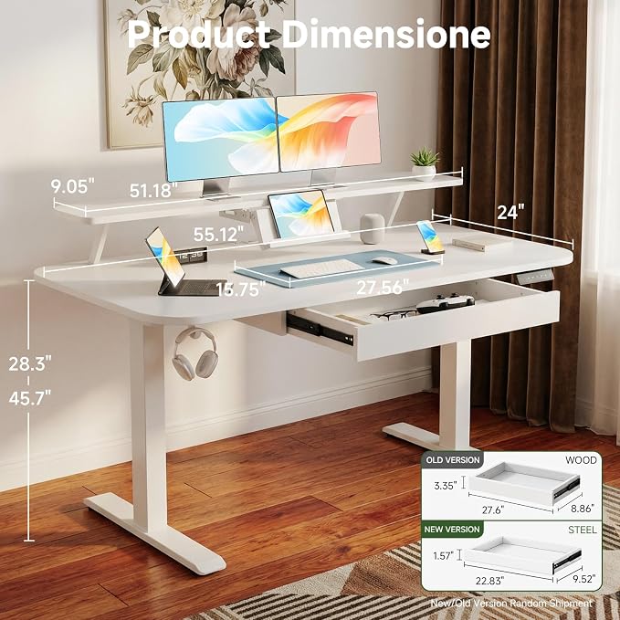 GTPLAYER Electric Standing Desk with Drawers, 55 x 24 Inches Height Adjustable Computer Desk with Monitor Stand, Laptop Stand, Home Office Sit Stand Up Desk with Memory Preset, White