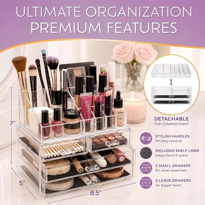 Brookstone Makeup Organizer Countertop, Cosmetic Display Case, Acrylic Makeup Storage for Vanity, Clear Make-up Organizer for Vanity, Accessories Holder with Drawers