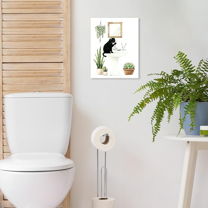 CHDITB Black Cat Bathroom Canvas Wall Art Set of 3, Funny Cat Watercolor Painting, Botanical Cats Wall Decor, Boho Plants Poster, Cute Kitten Art Prints For Restroom Laundry Room Decor(12X16 Inch)