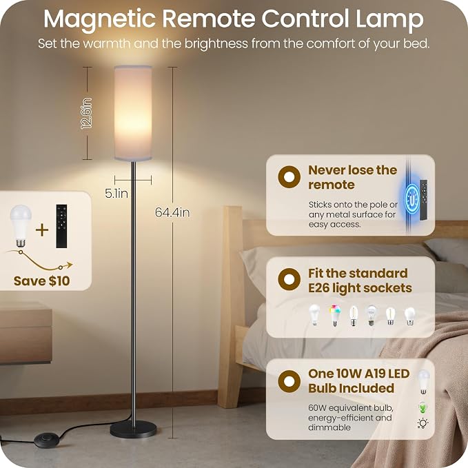 Dimmable Floor Lamp for Living Room with Remote and Foot Switch, Corner Floor Lamp, Modern Standing Tall Lamp, 10W 900LM LED Bulb Included, 3000K-6500K, Linen Shade, Weighted, FCC Listed CW06LD05W1