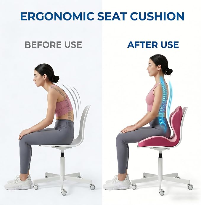 Ergonomic Seat Memory Foam Support Cushion for Back, Car Seat Back Support Cushion for Sciatica Tailbone Pain, Office Desk Chair Car Travel Seat Cushion (Pink)