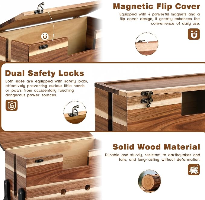 Extra Large Cable Management Box, 14.2-Inch Acacia Wood Cord Hider Box with Dual Locks and Magnetic Lid, Power Strip Cover and Cable Organizer for Desk, Floor, TV Wires and Home Office