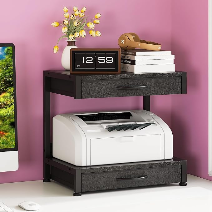 VENNQD 2-Tier Desktop Printer Stand with 2 Fabric Drawers, Prtiner Table with Storage Shelf, Desk Organizer for Home Office,3D Printer,Fax Machine,Scanner (Black, 2 Tier)