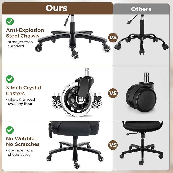 HOMCOM 400 Lbs Heavy Duty Office Chair with Adjustable Lumbar Support Black | Inflatable Adjustable Lumbar Support, Heavy Duty High Back Desk Chair, Pet-Friendly Fabric, 4-Level Gas Lift