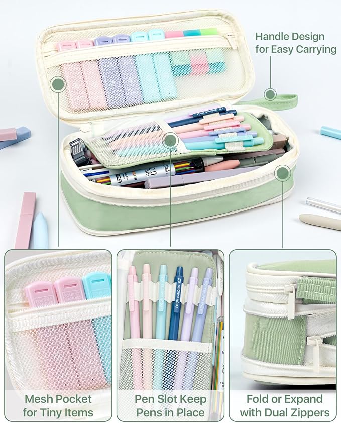 Four Candies 56 PCS Stationery Set, Cute Organizer with Supplies, 6 Multicolor Pens, 12 Pastel Highlighters, 5 Gel Pens Black Ink, 9 Mechanical Pencils for College Essentials Stuff (Green)