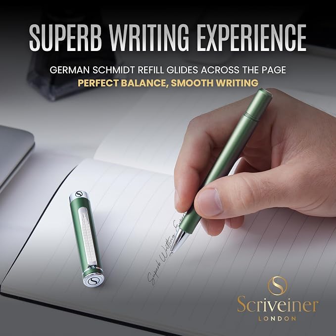 Scriveiner Green Rollerball EDC Luxury Pen, Stunning Pocket Pen with Chrome Finish, Cool Writing Pen, Best Gift for Men & Women, German Schmidt Refill, Nice Present, Fancy Office Designer