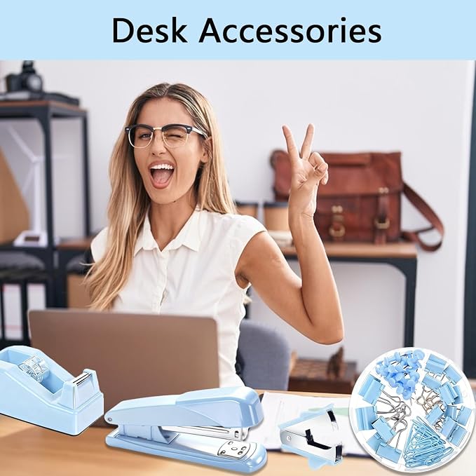 Office Supplies,Blue Desk Accessories,Office Supplies Set,Stapler and Tape Dispenser Set,Scissors,Staple Remover,Binder Clips,Staples,Ballpoint Pen,Index Tabs with Ruler,Clear Tape.9pcs for Office