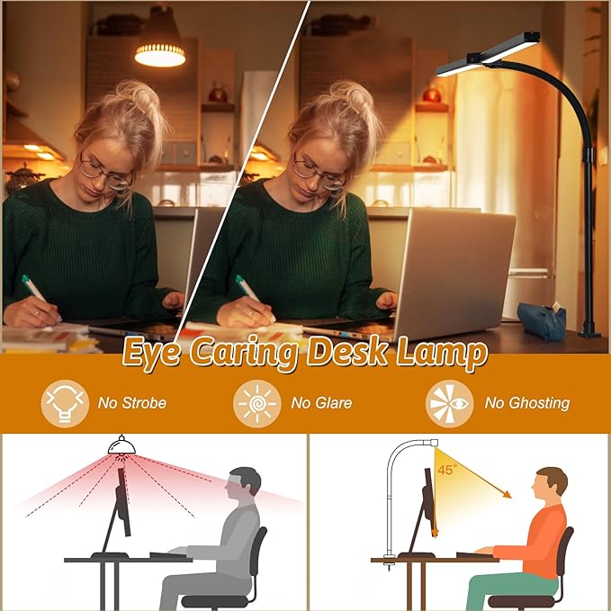 LED Desk Lamp for Office Dorm Home - Eye Caring Desk Light 18W Gooseneck Dimmable Table lamp with Anti-Glare Cover Base(No Remote)