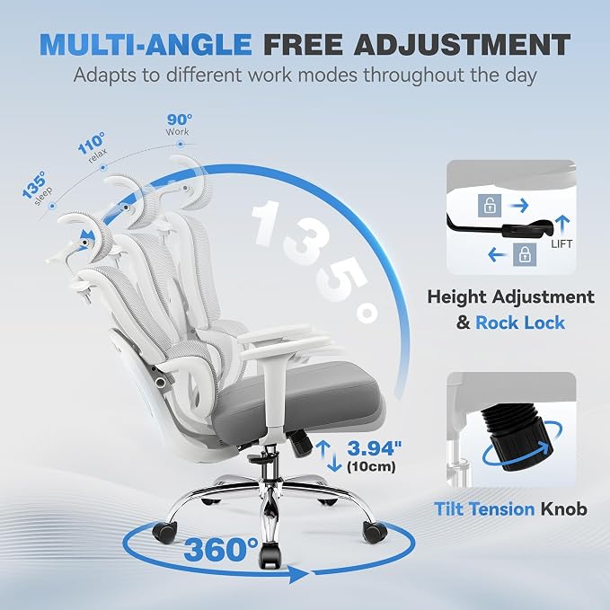 Ergonomic Desk Chair, Breathable Mesh Office Chair for Long Hours, 4 Pack | Adjustable Lumbar Support for Back Pain Relief, 4.33'' Thick Foam Cushion, 3D Headrest, Computer Chair for Home Office, Gray