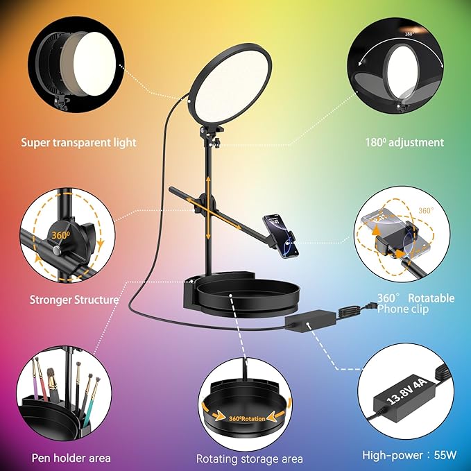 Selfie Light Kit for Desk and Laptop,55W Dimmable Full Screen Ring Light,with Rotating Storage Box,Pen Holder Stand,Phone Holder and Controller (White-RGB, 10.5)