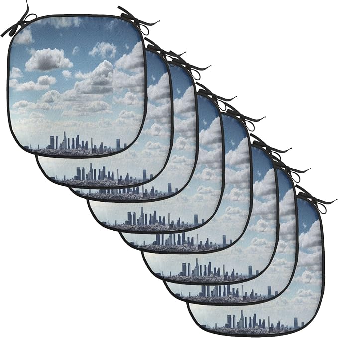 Lunarable United States Chair Cushion Pads Set of 8, Downtown Los Angeles Skyline Under The Summer Sky with Scenic Fluffy Clouds, Anti-Slip Seat Padding for Kitchen & Patio, 16"x16", Blue White