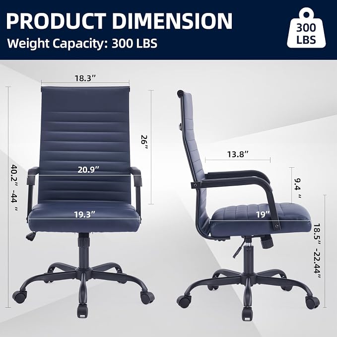 Office Chair, Ergonomic Executive Conference Room Chairs, Ribbed Leather Desk Chair with Lumbar Support, Adjustable Height Mid-Back Swivel Chair with Padded Seat