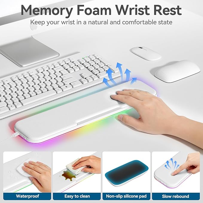 2-in-1 Heated Wrist Rest Set, Ergonomic Memory Wrist Pad with RGB Lights and Non-Slip Base, Keyboard Mouse Wrist Rest for Computer Laptop Office Work and PC Gaming